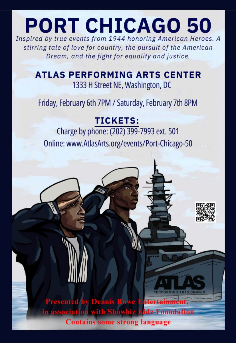 rowemanempire's tweet photo. Port Chicago 50 is coming to DC!!
February 6th &amp; 7th
Come and witness this powerful presentation of “Port Chicago 50”. Port Chicago 50 is a story of love for Country, the American Dream, and a quest for equality and fairness.
Atlas Performing Arts Center DC
@AtlasPACDC
#PC50 https://t.co/YdaziogllV