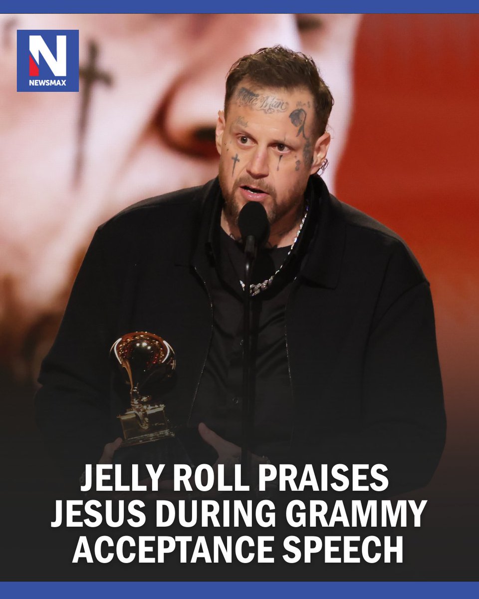 NEWSMAX's tweet image. BLESSED WIN: Country star and rapper Jelly Roll used the Grammy Awards stage Sunday night to praise Jesus Christ as he accepted his first Grammy wins, including Best Contemporary Country Album. 
MORE: bit.ly/4rtvqPA