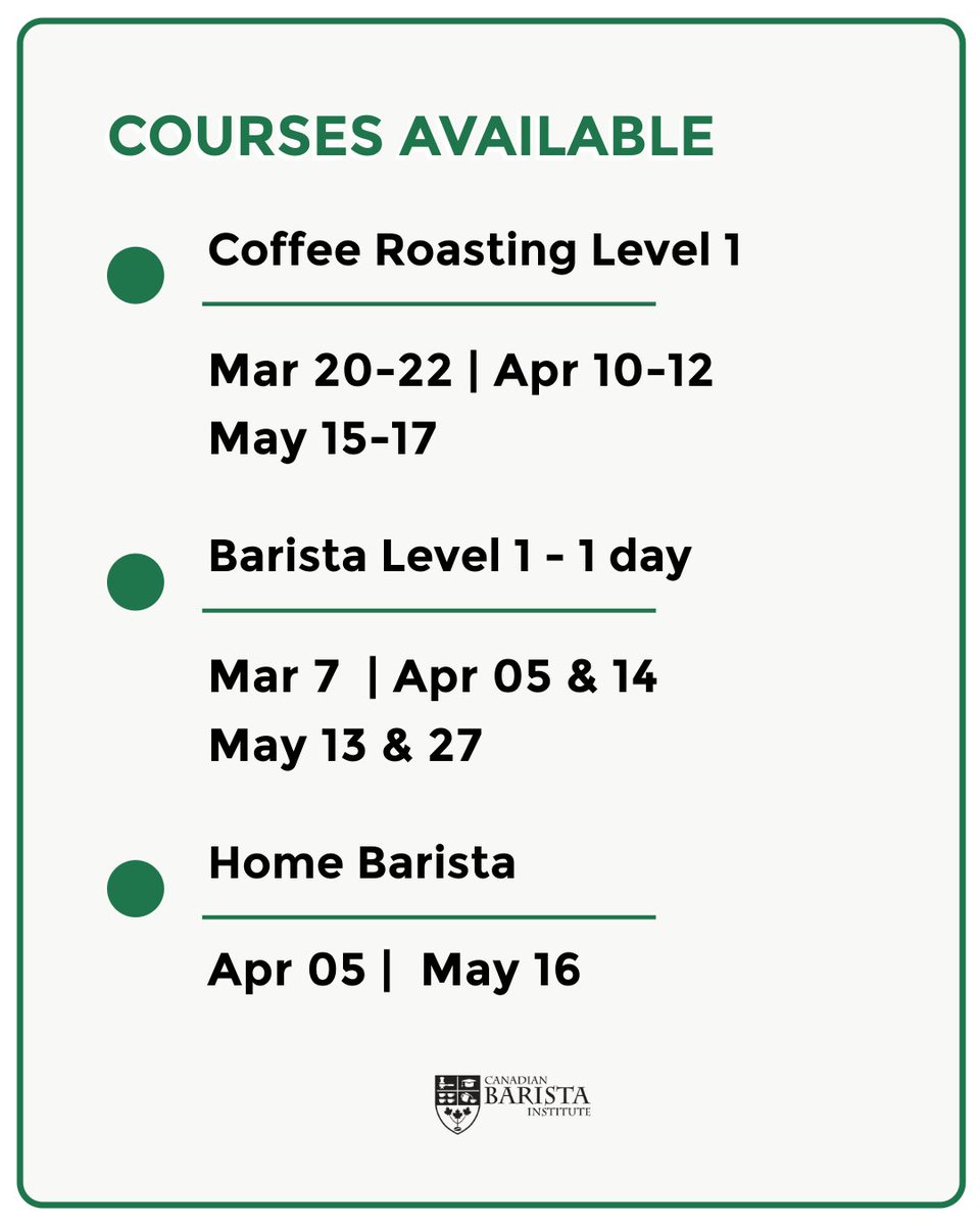 Upcoming Classes, Vancouver: March–May

🎓 Opening a Coffee Business, Barista Courses, Roasting &amp; Home Barista

🔗 canadianbaristainstitute.com/collections/va… 
 
#CoffeeTraining #BaristaLife #CoffeeBusiness #VancouverCoffee #CanadianBaristaInstitute
