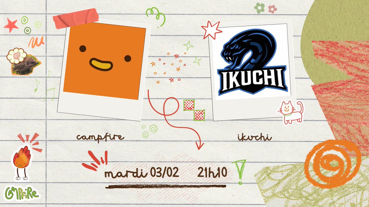 campfireow's tweet photo. CAMPFIRE 🏕️ VS IKUCHI 🐍 

CE SOIR (03/02) - 21H10 

Le moment est venu pour notre équipe de se reprendre, et de prouver sa valeur en affrontant les champions actuels (ex aequo, mais tout de même) de la poule A 💪

En direct sur les chaines Twitch de Kayberh et Ten__ow 🎥 https://t.co/9VylwS0QKv