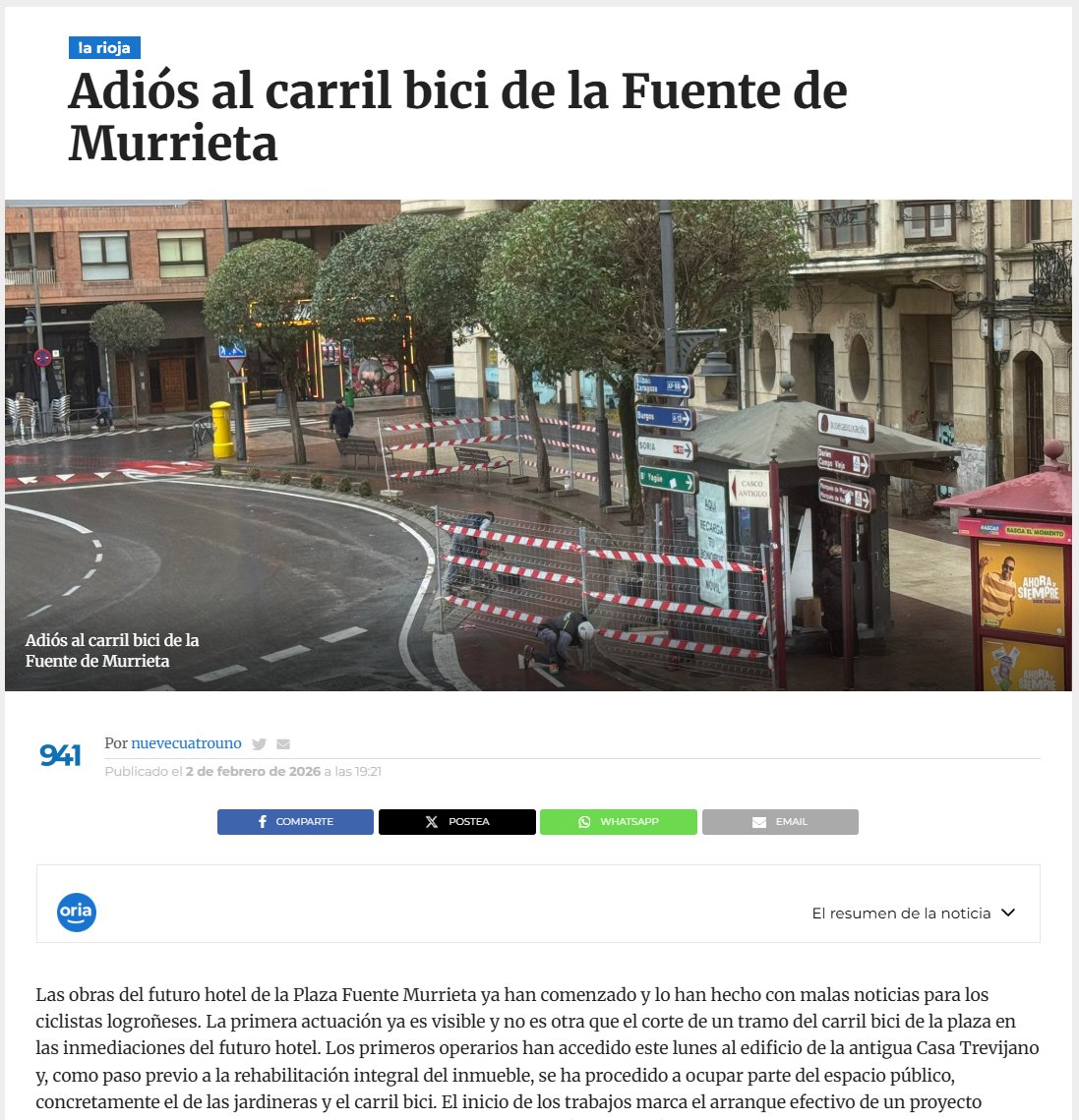 ciudadanabici's tweet photo. @AytoLogrono NUEVO GOLPE A LA MOVILIDAD🚴EN LOGROÑO.
Mientras @conrado_escobar posturea con #BiciLOG, destroza la rotonda ciclista protegida de la #PlazaMurrieta, orgullo de #Logroño.
Inutilizándola durante 30 meses para las obras de un nuevo 🏨de lujo y sin proporcionar ninguna alternativa. https://t.co/bswUH6fyGu