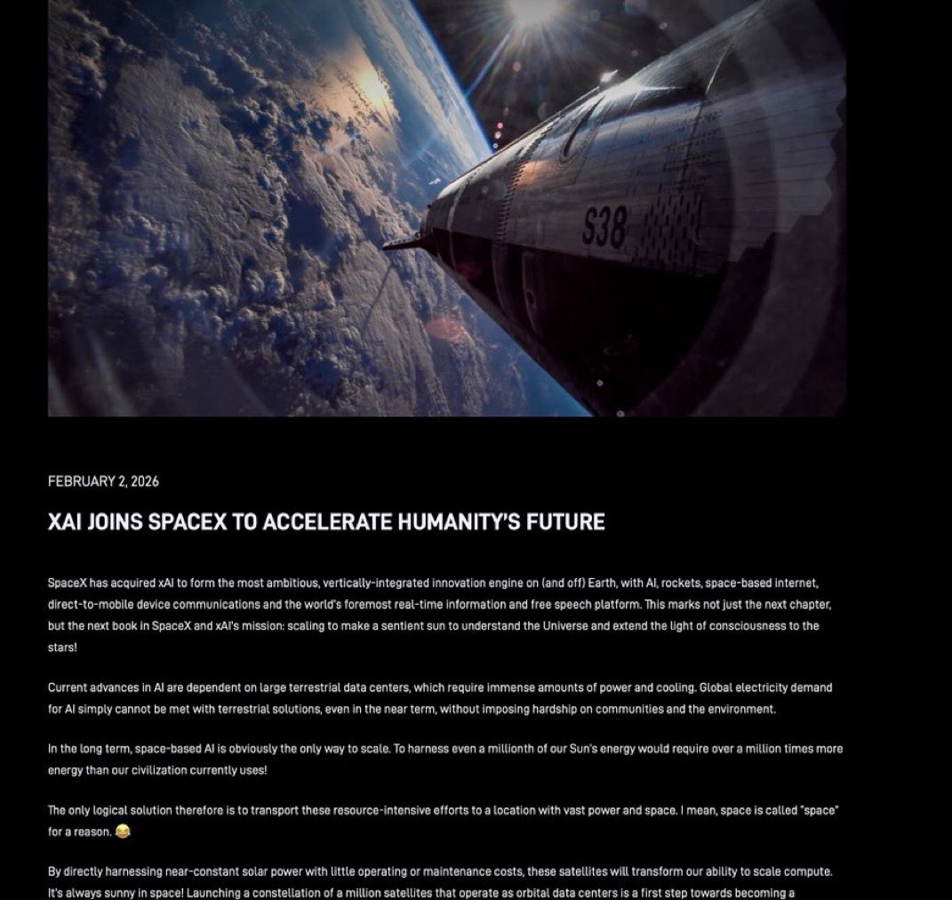🚨 BREAKING: SpaceX–xAI 공식 합병 발표 (일론 머스크 성명 요약)

1️⃣ 합병 개요
SpaceX가 xAI를 인수해 통합 법인을 출범. 로켓, 위성 인터넷, 직접 위성–모바일 통신, AI, 실시간 정보·표현 플랫폼까지 수직 통합된 혁신 엔진을 구축하겠다는 구상.
(SpaceX / xAI / Elon Musk)

2️⃣ 문제 인식
지상