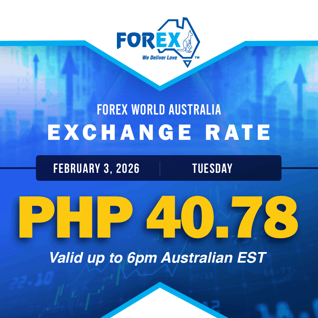 Forex World Australia Exchange Rate February 3, 2026 (Tuesday) is PHP 40.78 valid up to 6pm Australian EST.
tinyurl.com/w84wxefk