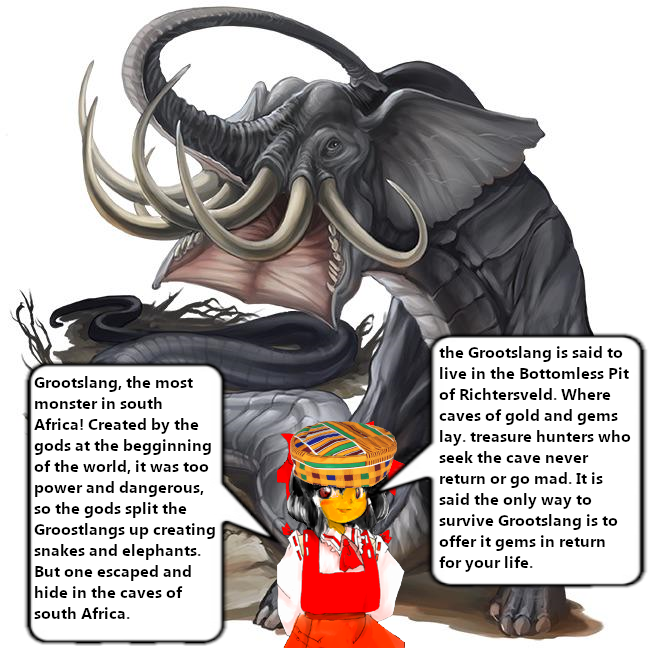 Numbername88's tweet image. Reimu Hakurei explains Black History and African mythology, 2. The Grootslang, the Elephant Snake of Zulu myth.