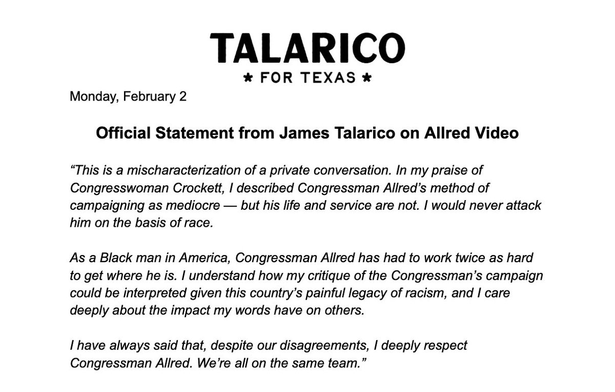jt_ennis's tweet image. Official Statement from James Talarico on Allred Video