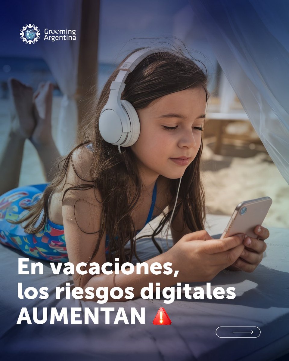 GroomingArg's tweet image. ⛱️📱 Durante las vacaciones, niñas, niños y adolescentes utilizan más tiempo las plataformas digitales. Esto aumenta el riesgo de #Grooming, #Ciberacoso y diferentes formas de vulneración de derechos.

🗣️💬 La prevención en el entorno digital debe sostenerse durante todo el año.