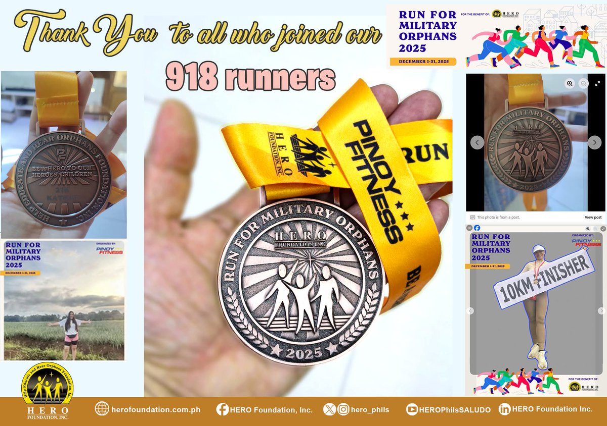 We would like to thank all the participants who supported and joined the HERO FOUNDATION VIRTUAL RUN 2025 which was held from Dec 1-31, 2025 with distance categories from 10k, 21k, and 42k.

#PinoyFitness #VirtualRun #HeroFoundationInc #MilitaryOrphans #BeAHeroToOurHeroesChildren