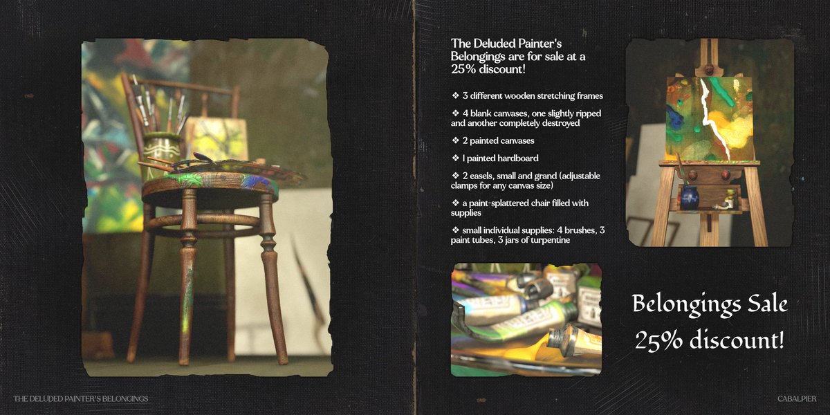 CriasRowlands's tweet photo. The Deluded Painter's Belongings are for sale at a 25% discount!

Sale @ Midnight Order Event, January 20 - February 20
➤ Teleport: https://t.co/eKy2ThvvKF

#cabalpier #secondlife https://t.co/BlBMWso0g9