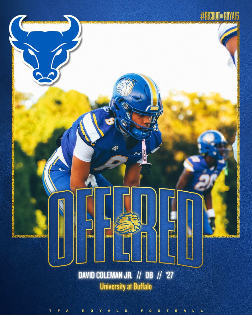 Royals__FB's tweet photo. 🚨OFFER ALERT🚨

2027 DB @DavidLColemanJ2 has been offered by @UBFootball 

#TJW
#RecruitTheRoyals https://t.co/cwRbrQc7zw