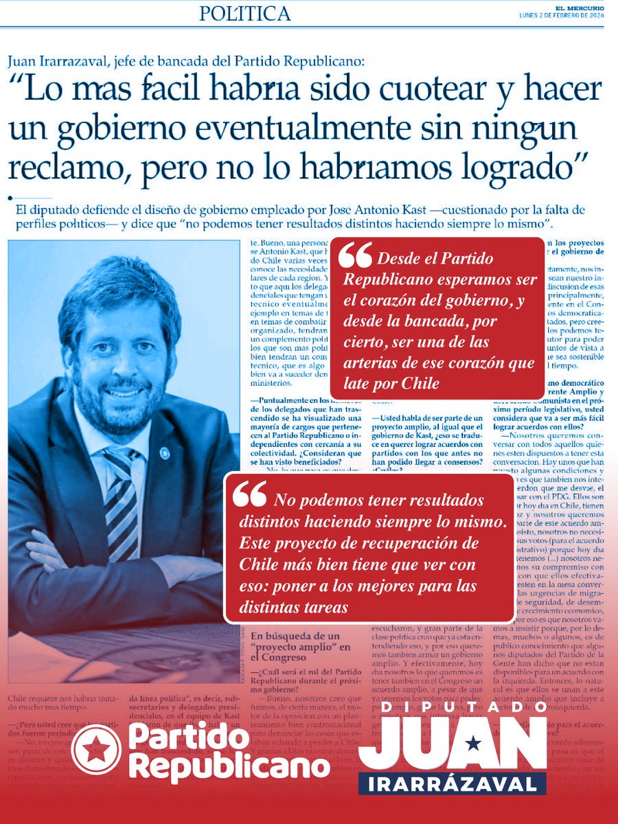 Les comparto la entrevista publicada hoy por El Mercurio 🗞️

Desde el Partido Republicano esperamos ser el corazón del gobierno, y desde la bancada, por cierto, ser una de las arterias de ese corazón que late por Chile. 🔍 

#DiputadoRepublicano 🇨🇱