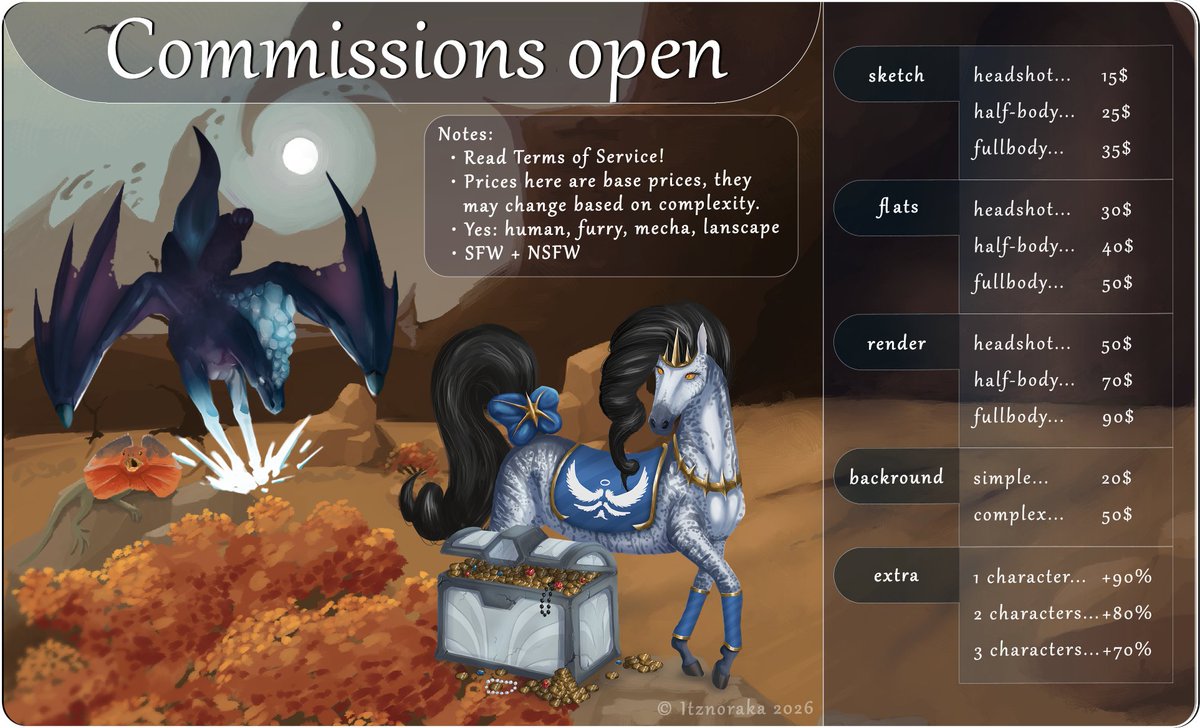 Commissions open 🔥

🔃 + ❤️for the algorithm overlord

Read ToS : norakaart.carrd.co/#tos

#commissionsopen #art #artshare #artist