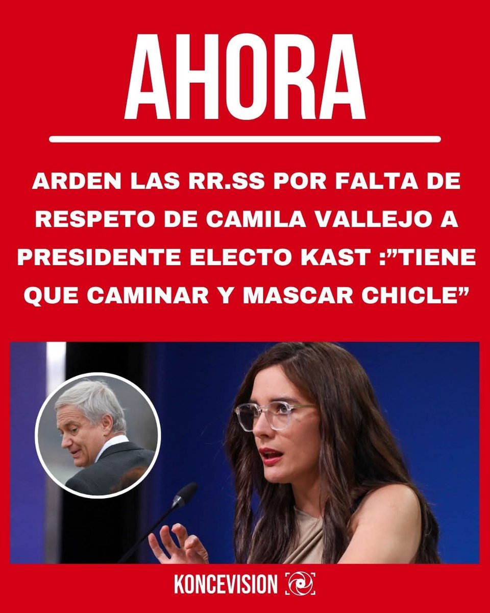 marce_amalia's tweet photo. CAMILA VALLEJO , LLAMÓ A KAST A " CAMINAR Y MASCAR CHICLE".. 

Esto después que el Presidente Electo  José Antonio Kast  señalara q " Uno tiene que ver donde prioriza" al ser consultado por la candidatura de Bachelet
a la ONU.. ROTA PICANTE https://t.co/S8cEH3SNM5