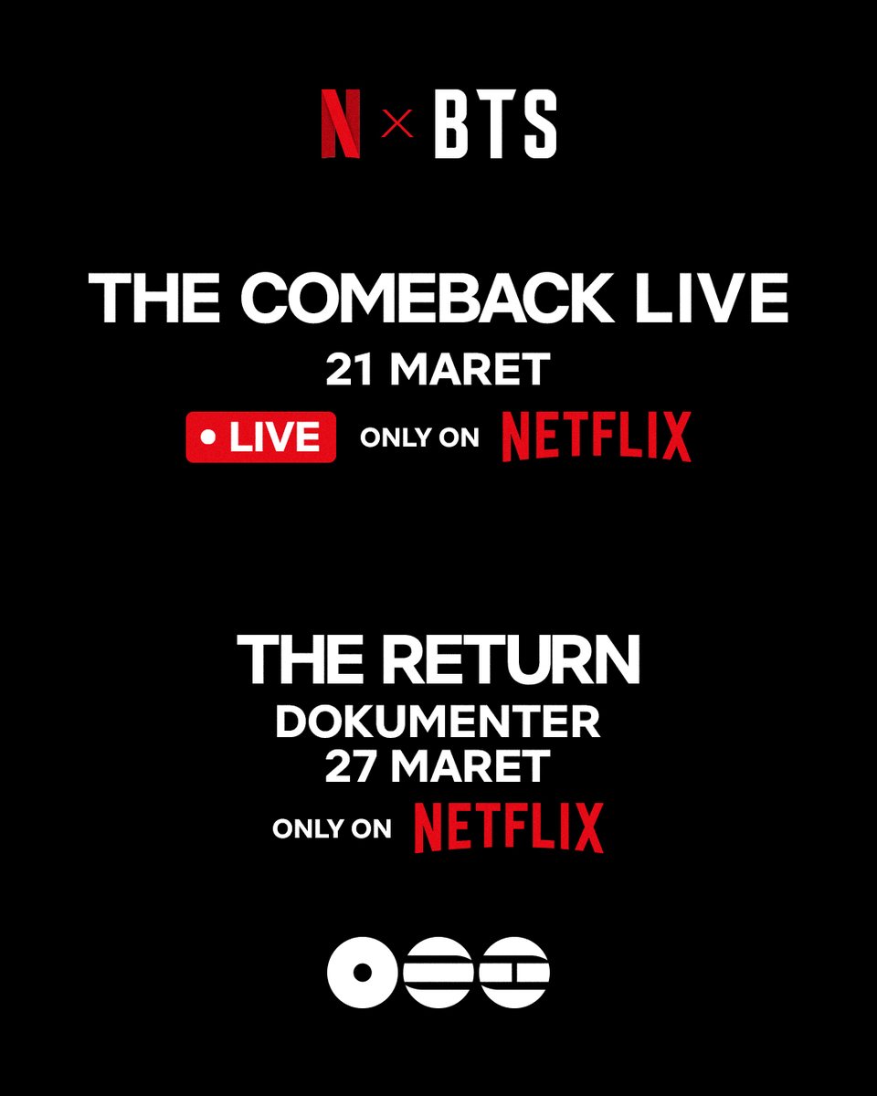 NetflixID's tweet image. 🎤 TANDAIN DARI SEKARANG! Kamu semua bisa nyaksin comeback-nya BTS live dari Gwanghwamun Square, Seoul! BTS THE COMEBACK LIVE | ARIRANG disiarkan langsung 21 Maret, pukul 18:00 WIB, hanya di Netflix!

🎥 Habis itu lanjut tonton perjalanan comeback mereka di BTS: THE RETURN,…