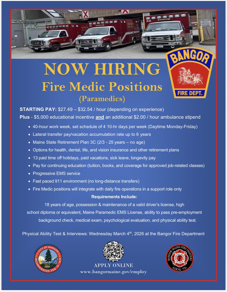 BangorFireDept's tweet photo. Hiring four new medic-only positions to join our team. Get your application in today #Hiring #FireJobs #EMSJobs https://t.co/m7mXpDr3am