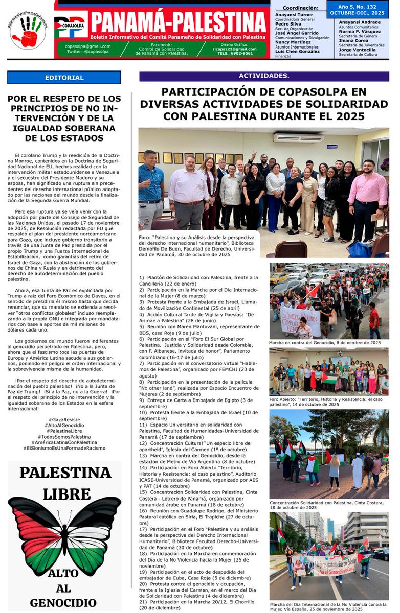 copasolpa's tweet photo. Boletín Panamá-Palestina N°132 Participación de Copasolpa en diversas actividades de solidaridad con Palestina durante el 2025. 🇵🇸🇵🇦 #palestinavencera https://t.co/rhi4ArNZbP