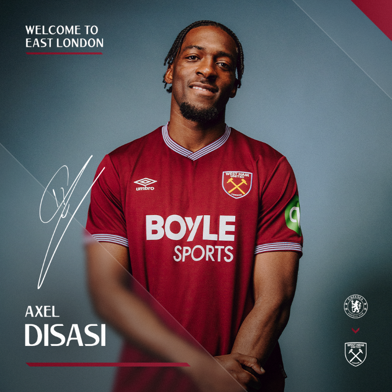 WestHam's tweet photo. West Ham United is delighted to confirm the loan signing of France international defender Axel Disasi ✍️

Disasi joins from Premier League club Chelsea until the end of the 2025/26 season 🤝