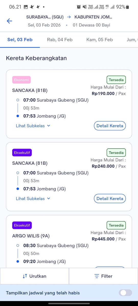 clypsonabastala's tweet photo. @KAI121 @blablabilla Selamat pagi min, ini kok ga berubah jadi tarif khusus ya untuk KA SANCAKA, biasanya untuk tarsus akan jadi merah pada harganya https://t.co/HVWGig7K7E