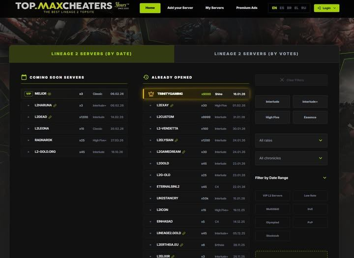 maxcheaterscom's tweet image. top.maxcheaters.com
- Add your Lineage 2 Server in 1 minute for free 100%
- User Friendly UI
- Server Info page per server
- Voting system / Voting API ready
- 3 Options to login MaxCheaters/Google/Discord account
- Fully Responsive (Mobile-Tablet) #lineage2