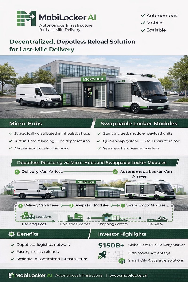 ArgirGyaurov's tweet photo. This is how it actually works
This is not a delivery van.
This is a depotless logistics layer.

• No depot returns
• Swappable locker modules
• Micro-hubs, not warehouses
• AI decides where vans reload

Think AWS �� but for last-mile delivery.

#Logistics #AI #SmartCities https://t.co/rrQzj9cdV2