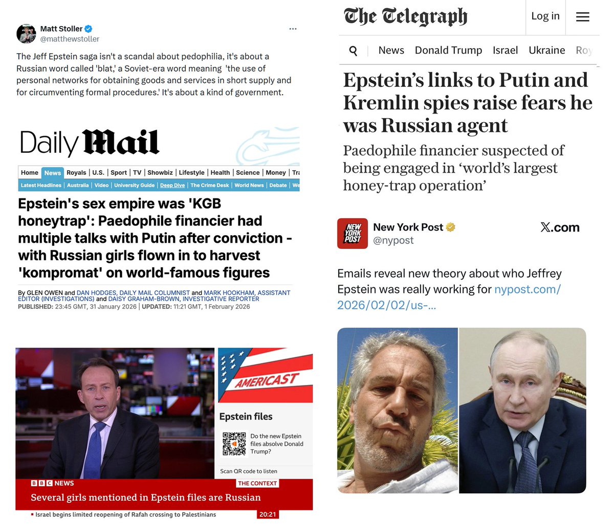zei_squirrel's tweet image. there is a clear concerted effort by the media class, from Murdoch rags like the Daily Mail and New York Post to the BBC, NYT and billionaire funded Zionists like Matt Stoller to redirect the Epstein Israel Mossad pedophile blackmail network as actually being about "the Soviets…
