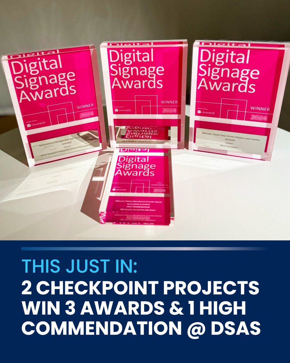 Just in from Barcelona! 🏆

2️⃣ security checkpoint projects
3️⃣ award wins + 1️⃣ High Commendation at the <a href="/DSAwardsGlobal/">DigitalSignageAwards</a>

Congrats to <a href="/MCO/">Orlando International Airport</a>, <a href="/TSA/">TSA</a> &amp; our amazing clients, partners &amp; team. While we wait for the new awards, we're celebrating w/a pic from a previous award sweep!