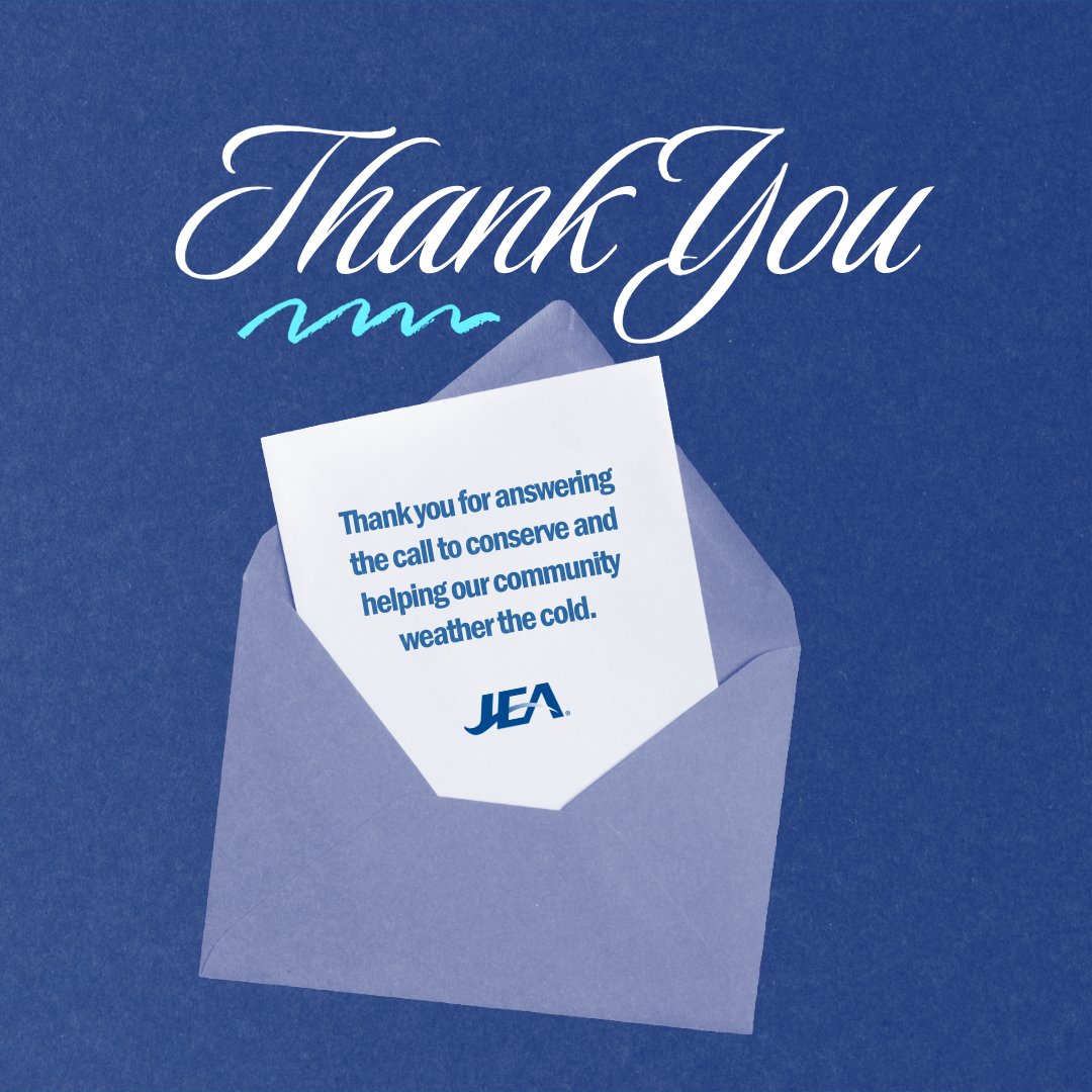 NewsfromJEA's tweet photo. Thank you, JEA Customers!
 
Your conservation efforts helped support our systems and showed the strength of our community, neighbors supporting neighbors when it matters most. https://t.co/7r4Zz6qUvq