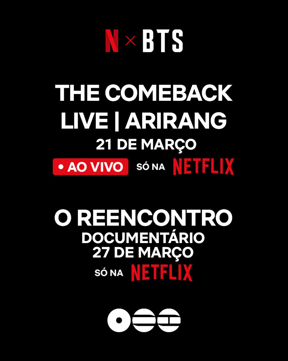 NetflixBrasil's tweet image. ARMYS, ATENÇÃO! 🗣

📅 21 de março – 8h da manhã (horário de Brasília) – BTS THE COMEBACK LIVE | ARIRANG – um show ao vivo exclusivamente na Netflix.

📅 27 de março – BTS: O Reencontro – um documentário que mostra os bastidores da criação do álbum de comeback ARIRANG.