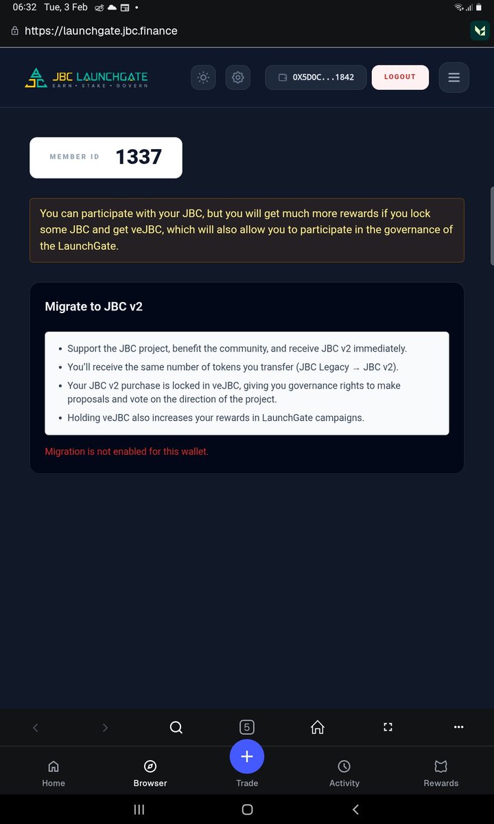 khokeyn's tweet photo. @JBCcollective Please help me why my wallet is not enable to Migrate to JBC v2 https://t.co/aChdt09tyZ