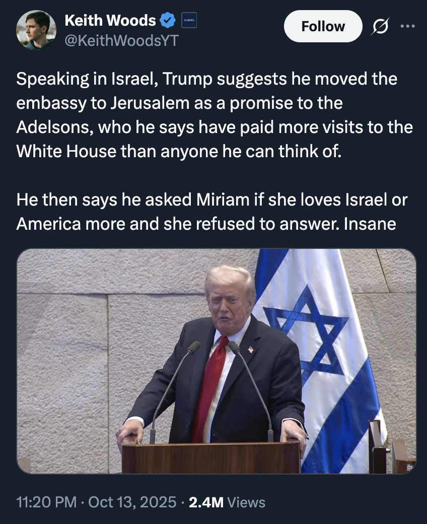 caitoz's tweet photo. Trump: I am bought and owned by the world's richest Israeli, Miriam Adelson.

Trump: I advance Israeli interests in exchange for Zionist funding.

Person reading the Epstein files: I'm beginning to suspect some of our leaders may be covertly compromised by Israeli operations. https://t.co/ryYHkkyB9O