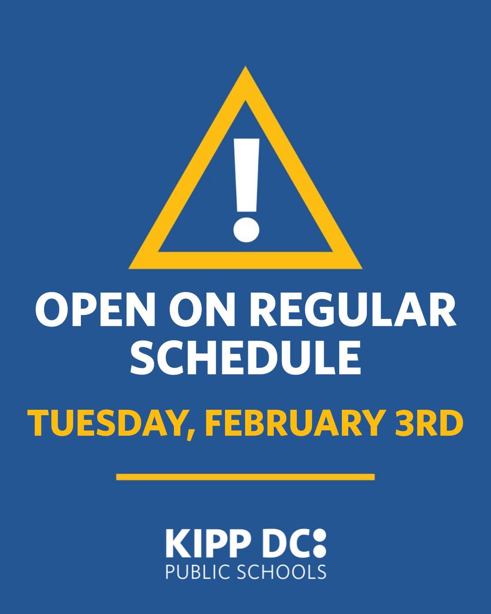 KIPP_DC's tweet photo. KIPP DC schools will be open for in-person learning tomorrow, February 3rd, on a regular schedule.

Please allow a little extra travel time in the morning and use caution on sidewalks and roads. We look forward to welcoming students tomorrow! https://t.co/GZx7d1WEKU