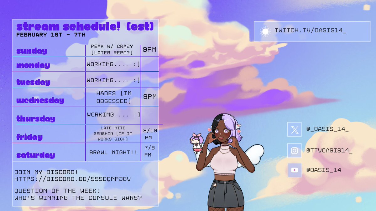 finally got back into having a stream schedule !! hope to see you in the euphoric estuary frens :)))

(for your convenience, to have it in your timezone, join my discord ! discord.gg/MzQEPeBX8y )