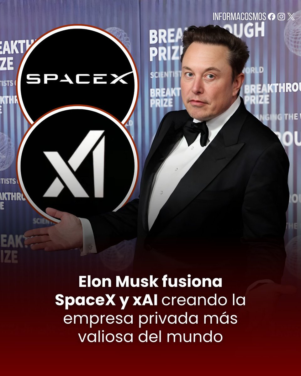 InformaCosmos's tweet photo. 🇺🇸 | LO ÚLTIMO: SpaceX ha adquirido oficialmente xAI, la startup de inteligencia artificial de Elon Musk.

Esta unión crea un gigante valorado en 1.25 billones de dólares y busca revolucionar el sector mediante el lanzamiento de una red de centros de datos solares en el espacio. Según Musk, este movimiento es clave para satisfacer la enorme demanda de energía de la IA y expandir la "luz de la conciencia" hacia las estrellas.