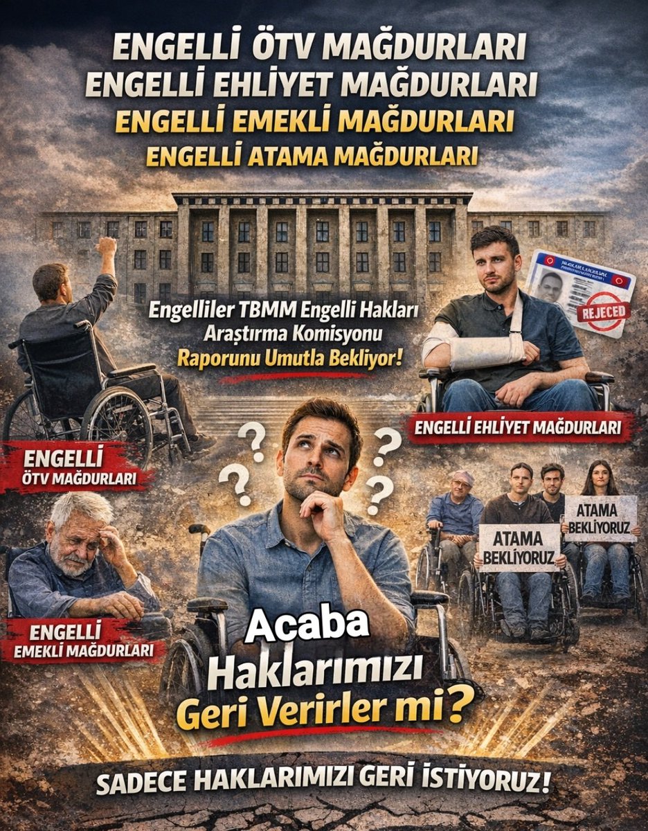 #haklarımızıgeriverirlermi? TBMM KOMİSYON RAPORUNU UMUTLA BEKLİYOR. <a href="/aylinyaman_/">Dr. Aylin Yaman</a> <a href="/boyrazsukru/">şükrü boyraz</a> <a href="/EhatDer/">ENGELLİ HAKLARI VE ADALET TOPLULUĞU DERNEĞİ</a> <a href="/gergerliogluof/">Ömer Faruk Gergerlioğlu</a> <a href="/jsarieroglu/">Jülide Sarıeroğlu 🇹🇷</a> <a href="/kasapoglu/">Dr. Mehmet Kasapoğlu</a> <a href="/elifesendeva/">Elif Esen</a> <a href="/BKocamaz33/">Burhanettin Kocamaz</a> <a href="/TSKonfederasyon/">Türkiye Sakatlar Konfederasyonu</a> <a href="/AYMBASKANLIGI/">Anayasa Mahkemesi</a> <a href="/yasadikca_com/">Engelli Haberleri</a> <a href="/saglikbakanligi/">T.C. Sağlık Bakanlığı</a> <a href="/memetsimsek/">Mehmet Simsek</a> <a href="/drmemisoglu/">Prof. Dr. Kemal Memişoğlu</a> <a href="/tcbestepe/">T.C. Cumhurbaşkanlığı</a>