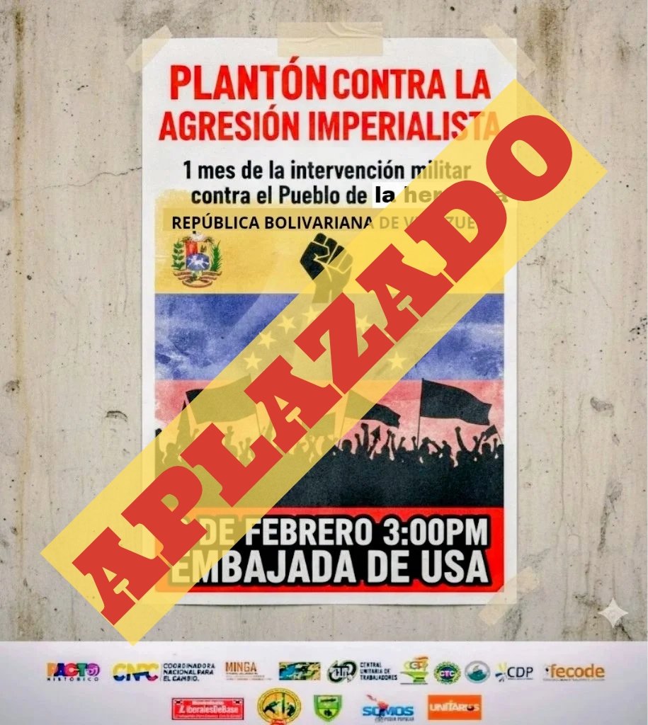 Según la decisión de la reunión de hoy, el plantón del Febrero 3 en la Embajada de Estados Unidos 👇🏻se aplaza para futura fecha. Agradeciendo, por favor difundir.