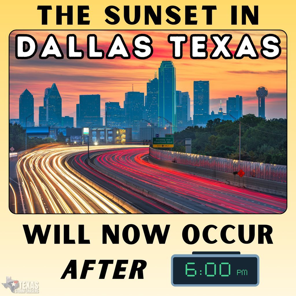 Dallas, Texas is back to 6 PM sunsets starting today!

DFW is gaining about a minute and a half of daylight each day!

#dallas #texas #sunset