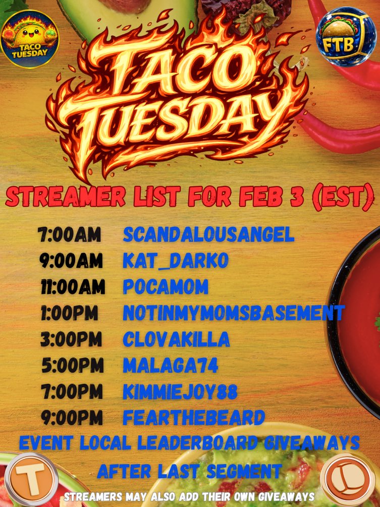 Be sure to check out all these awesome streamers in this awesome Taco Tuesday event put together by <a href="/fearthebeardttv/">FearTheBeard↔️TheBeardLounge</a> should be an awesomely good time! I’ll be dropping in it as soon as I can tomorrow!
