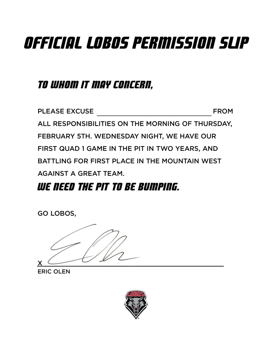 Use as you see fit, Lobo Nation 📝

<a href="/CoachEricOlen/">Eric Olen</a> NEEDS you🫵

🏀 UNM vs Utah State
📅 Wednesday
⏰ 9pm
🎟️ shorturl.at/FHMfb

#GoLobos
