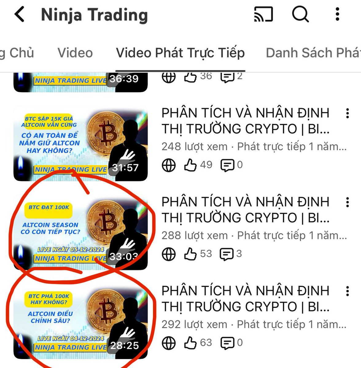 ✅Trên hình là 3 giai đoạn mình bắt đầu livestream youtube từ tháng 12/2024 NGAY SAU KHI MÌNH CASH OUT chốt lãi toàn bộ Altcoin ra U để ăn Tết. 

- Giai đoạn 1: từ tháng 12/2024 khi đó mình bảo altcoin sắp sập kinh lắm có ai tin không ạ? Nhìn views là anh em cũng