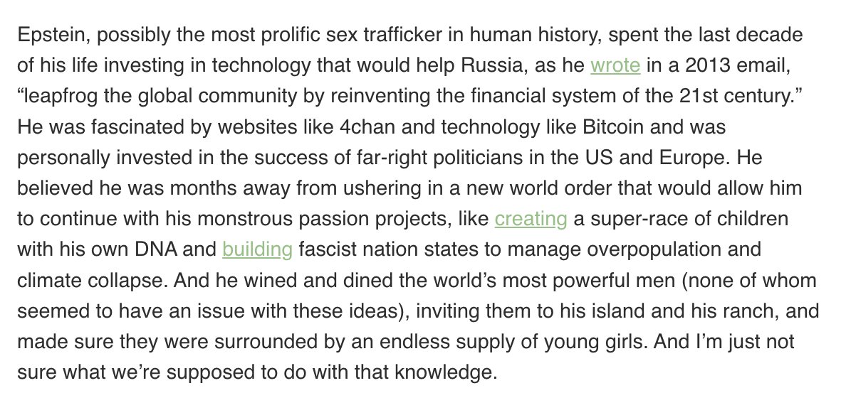 After spending the weekend reading thousands of Epstein files, I am pretty comfortable saying that, yes, a cabal of pedophiles, eugenicists, and fascists, oftentimes funded by Russia, worked closely with social platforms to overthrow democracy in the 2010s garbageday.email/p/here-s-how-e…