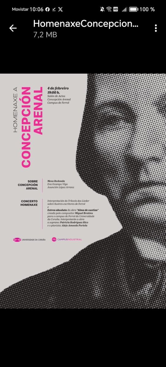 Homenaxe a Concepción Arenal
•Fecha: 4 de febrero
•Hora: 19:00 h
•Lugar: Salón de Actos, Concepción Arenal, Campus de Ferrol.
•Estrea absoluta da obra “Alma de xustiza”, do compositor Miguel Brotóns
•Patricia Rodríguez, soprano
•Alejo Amoedo, piano