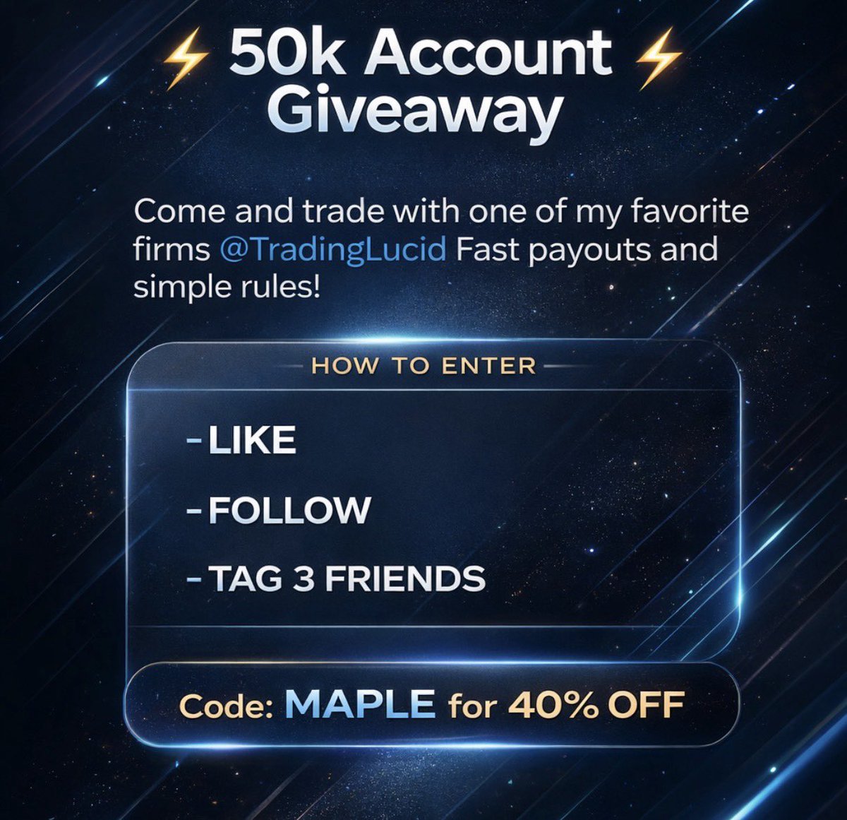 ⚡️ 50k Account giveaway ⚡️ 

Come and trade with one of my favorite firms <a href="/TradingLucid/">Lucid Trading</a> Fast payouts and simple rules!

How to enter:

-LIKE

-FOLLOW

-TAG 3 FRIENDS

lucidtrading.com/ref/maplestaxx/