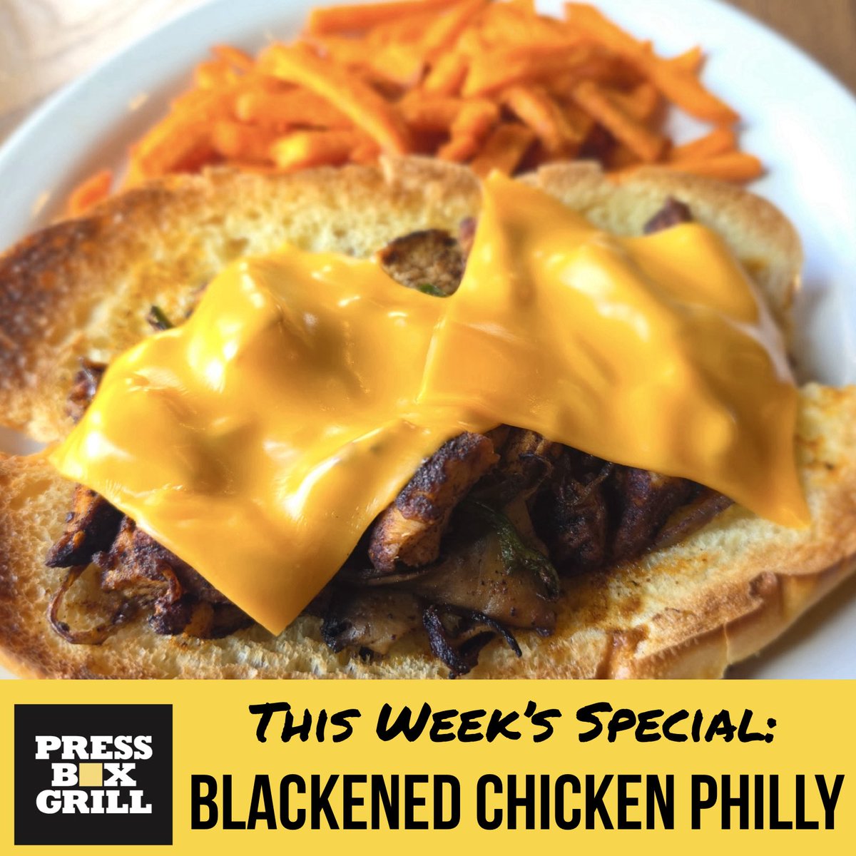 pressboxgrill's tweet photo. This week’s special is a Blackened Chicken Philly! Blackened chicken grilled w/ sautéed peppers, onions &amp; mushrooms. Topped w/ American cheese in a toasted hoagie roll. Side of sweet potato fries. Stop by today!
#dallaseats #dallasrestaurants #dallasfood #downtowndallas #dallastx https://t.co/T7m6p8nY49