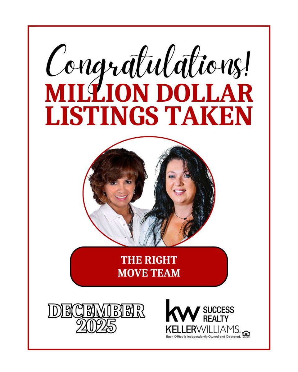 KWSuccessRealty's tweet photo. Congratulations to The Right Move Team, December 2025 Million Dollar Listings Taken! https://t.co/g5XFd77Qqd