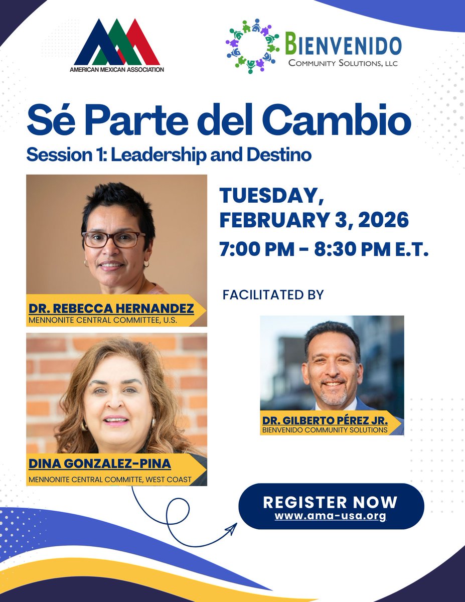 AMAUSAOrg's tweet photo. ¡Mañana arrancamos con Sé Parte del Cambio! 🚀

📘 Sesión 1: Liderazgo y Destino 
🗓️ Martes, 3 de febrero de 2026 
⏰ 7:00–8:30 PM ET  

Con la participación de: 
✨ Dra. Rebecca Hernandez 
✨ Dina Gonzalez-Pina 
🎤 Dr. Gilberto Pérez Jr.  

👉 https://t.co/3nFKk0FHZ5 https://t.co/lr99D90Bq9