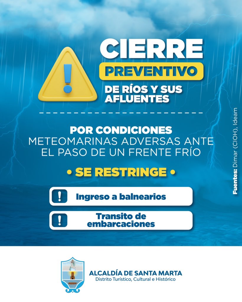 Debido a las condiciones meteomarinas adversas ocasionadas por el paso de un frente frío, se establece el cierre preventivo de ríos y sus afluentes.

⚠️Se restringe temporalmente: 🔹 El ingreso a balnearios 🔹 El tránsito de embarcaciones

¡Evitemos riesgos y cuidemos la vida!