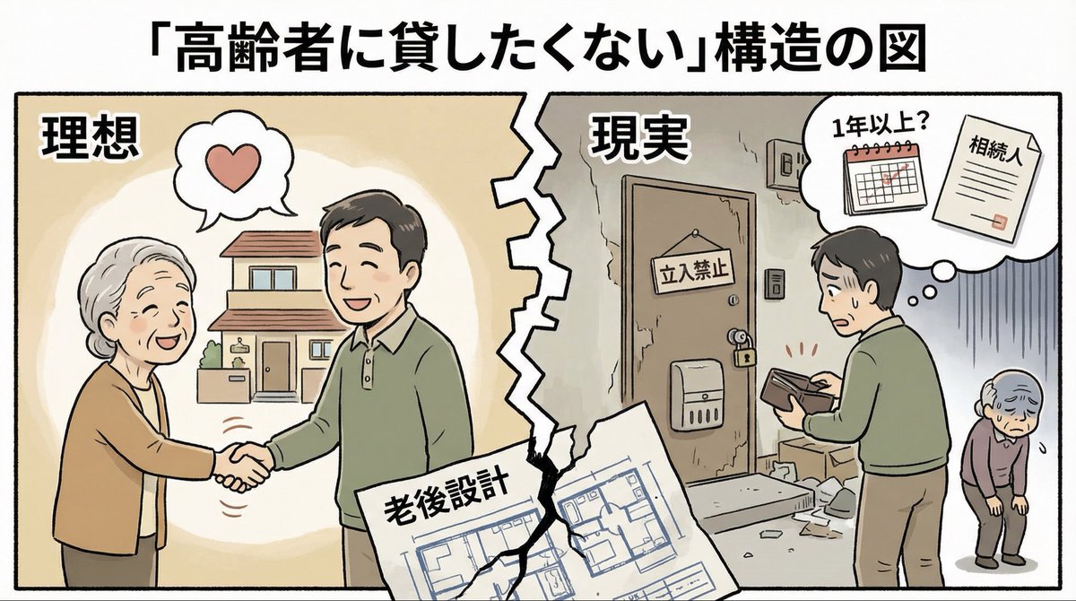 tra_miz's tweet photo. 「高齢者に部屋貸したくない」
と言う家主がいるのは差別というより
“構造”だ。孤��死後、賃借権が
相続対象になるせいで
家主は勝手に入れない。
相続人次第では片付け開始まで
事後1年以上も珍しくない。
その間、家賃収入はゼロ。
そりゃ慎重になる。
善意に期待する老後設計は破綻する。 https://t.co/Jp4VfgslQb