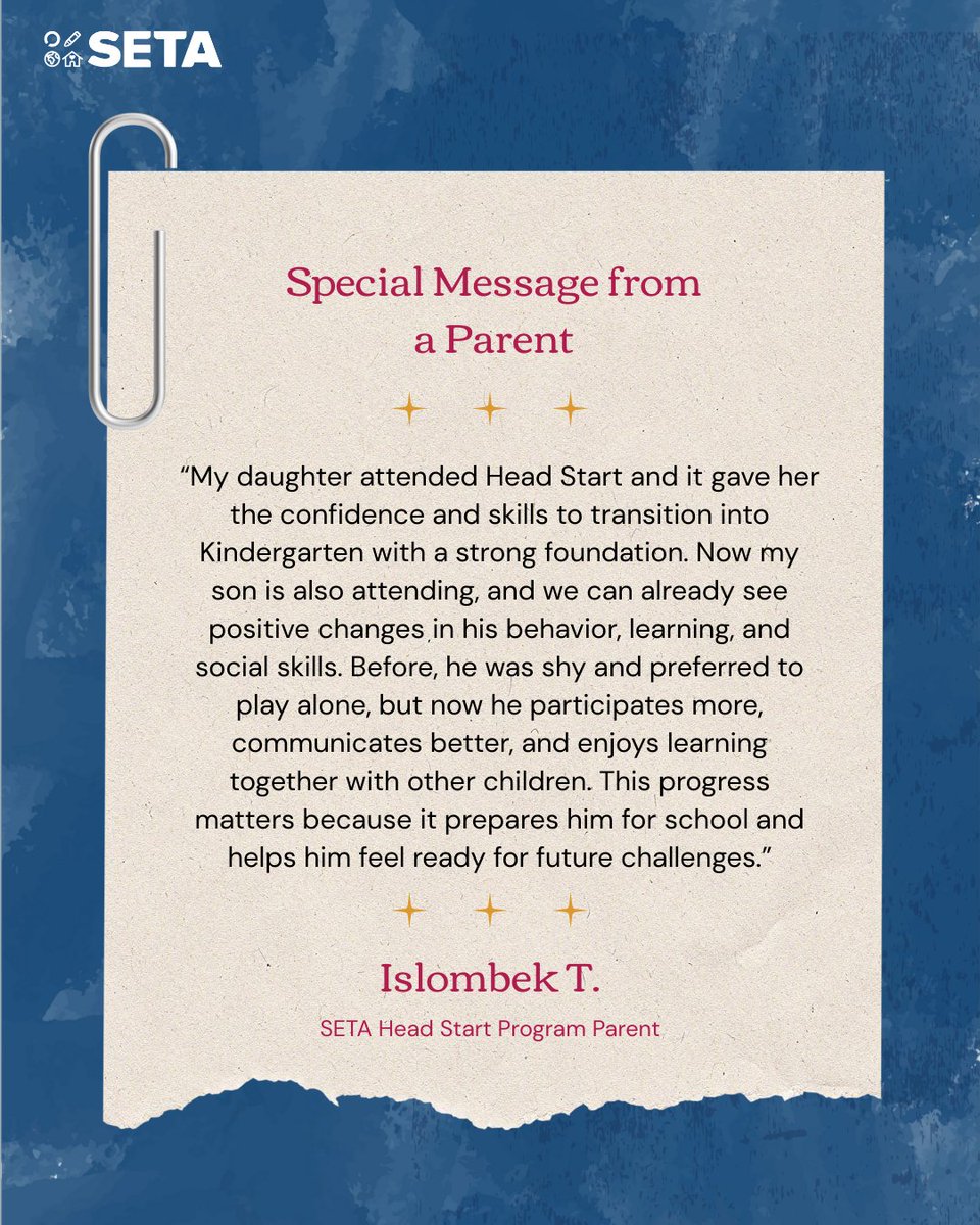 sac_SETA's tweet photo. We love hearing first hand testimonials from our Head Start program parents. Programs like ours work because of strong partnerships with families, and we’re proud to be part of every child’s journey. Thank you so much Islombek T. for the wonderful words!

#SETA #SETAHeadStart https://t.co/0p55IF4hTE