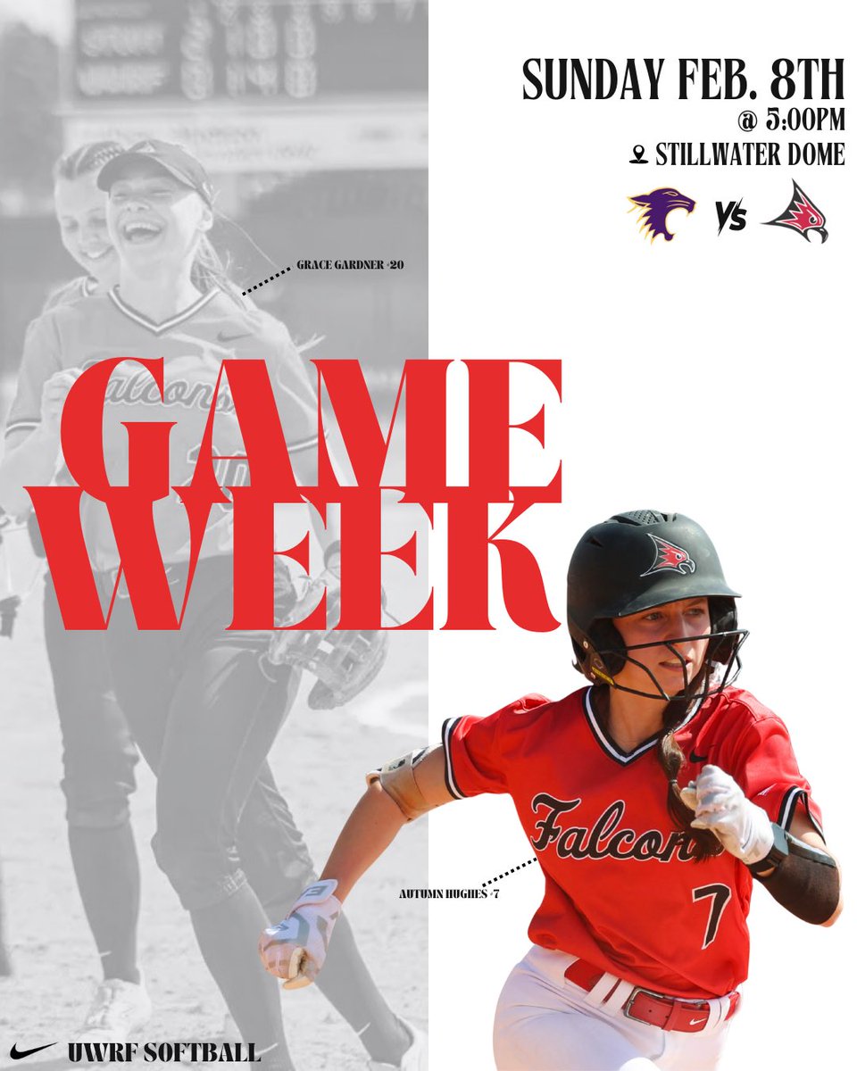 UWRFSOFTBALL's tweet photo. OUR FIRST SPRING GAME IS THIS WEEK!!

We play our first exhibition game against St. Kate’s this Sunday!
📍Stillwater Dome
⌚️5pm

We can’t wait to start our 2026 season! LET’S FALCON GO!! ❤️🖤 https://t.co/HYu2tsjZM7