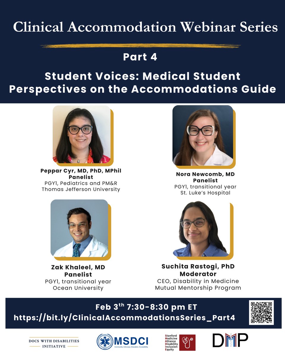DM3P_Social's tweet photo. JOIN US TUESDAY, February 3rd!
4:30 PT / 7:30pm ET

Medical trainees describe "road-testing" the new Guide to Clinical Accommodations in #UME! 

The final webinar in the Clinical Accommodation Series!  ✨Register: https://t.co/b6FoDMpMFL

#AccessInMedicine #DocsWithDisabilities https://t.co/keTvktvpiB