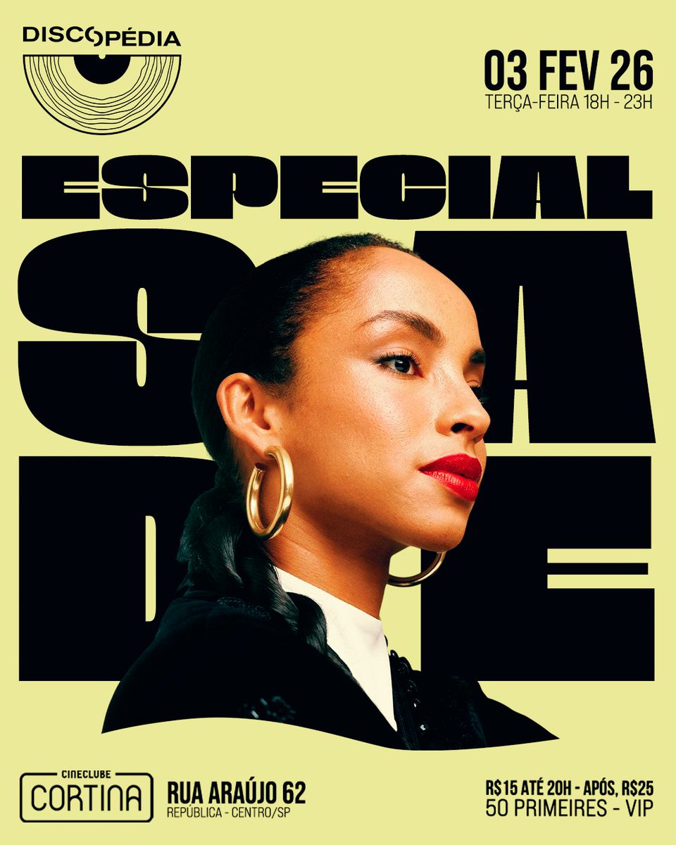 _Discopedia's tweet image. A Sensacional de São Paulo, orgulhosamente apresenta pela primeira vez, o especial dedicado a obra da deusa “Sade”!

Amanhã, dia 03/02/2026, a partir das 18h, no Cineclube Cortina.

DJs DanDan, Marco &amp;amp; Nyack nos toca-discos.
Abertura: DJ Lino.